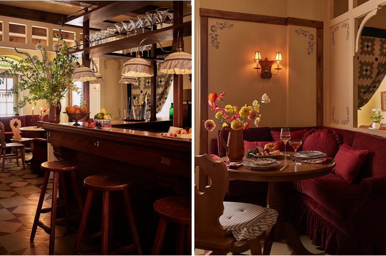Split view of the cozy dining room and bar area at The Feathers restaurant.