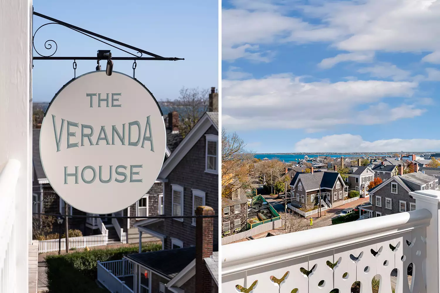 View from the Veranda House rooftop deck overlooking Nantucket Harbor next to the hotel sign.