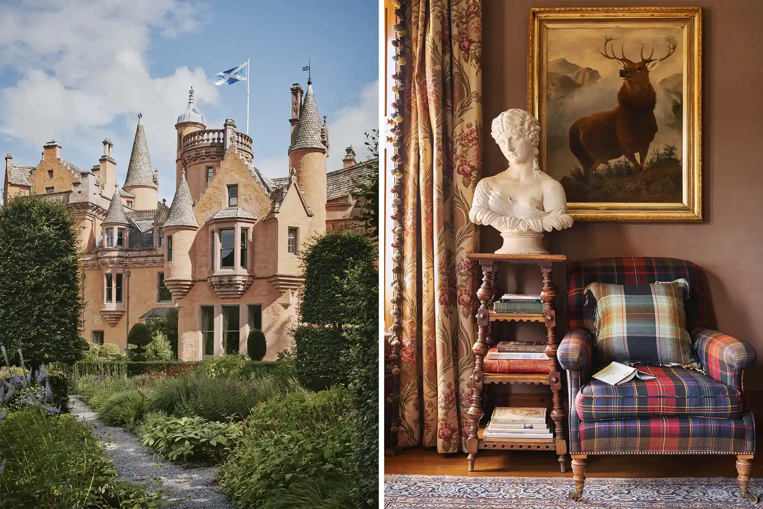 Aldourie Castle exterior and Glenfeshie Lodge interior in Scotland.
