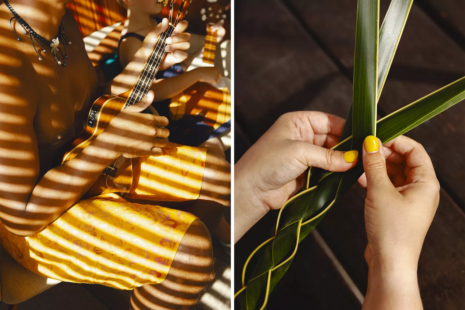 A man playing a ukulele on a ship and hands skillfully braiding palm leaves into a basket.