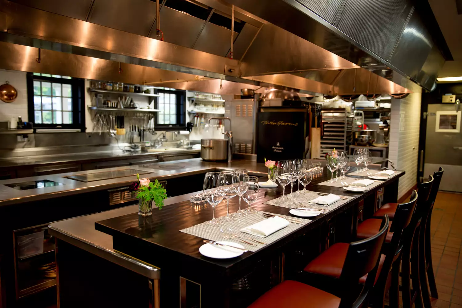 An intimate chef's table setup at Twin Farms in Vermont.