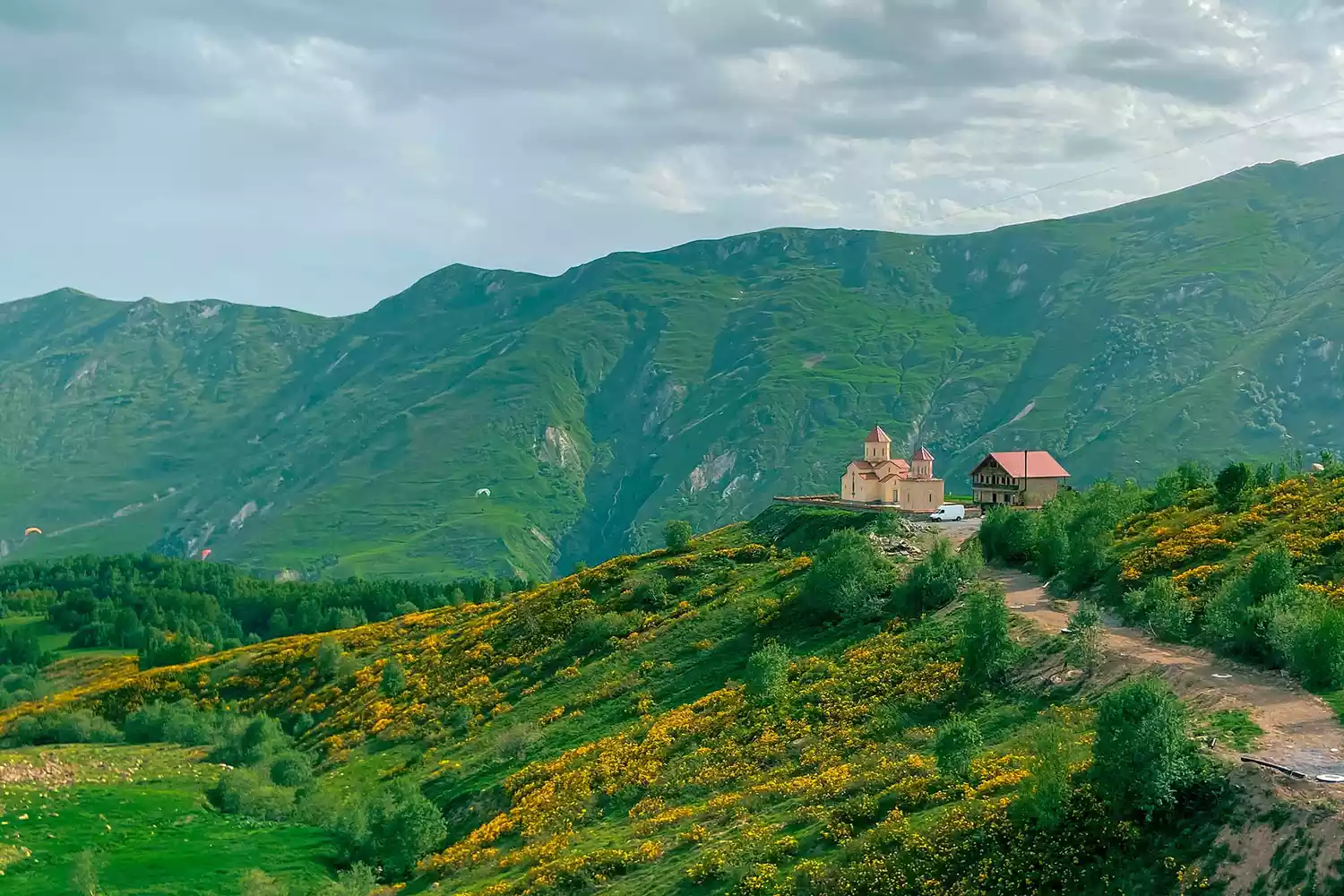 The mountainous landscape of the Gudauri region on the road from Tbilisi to Kazbegi.