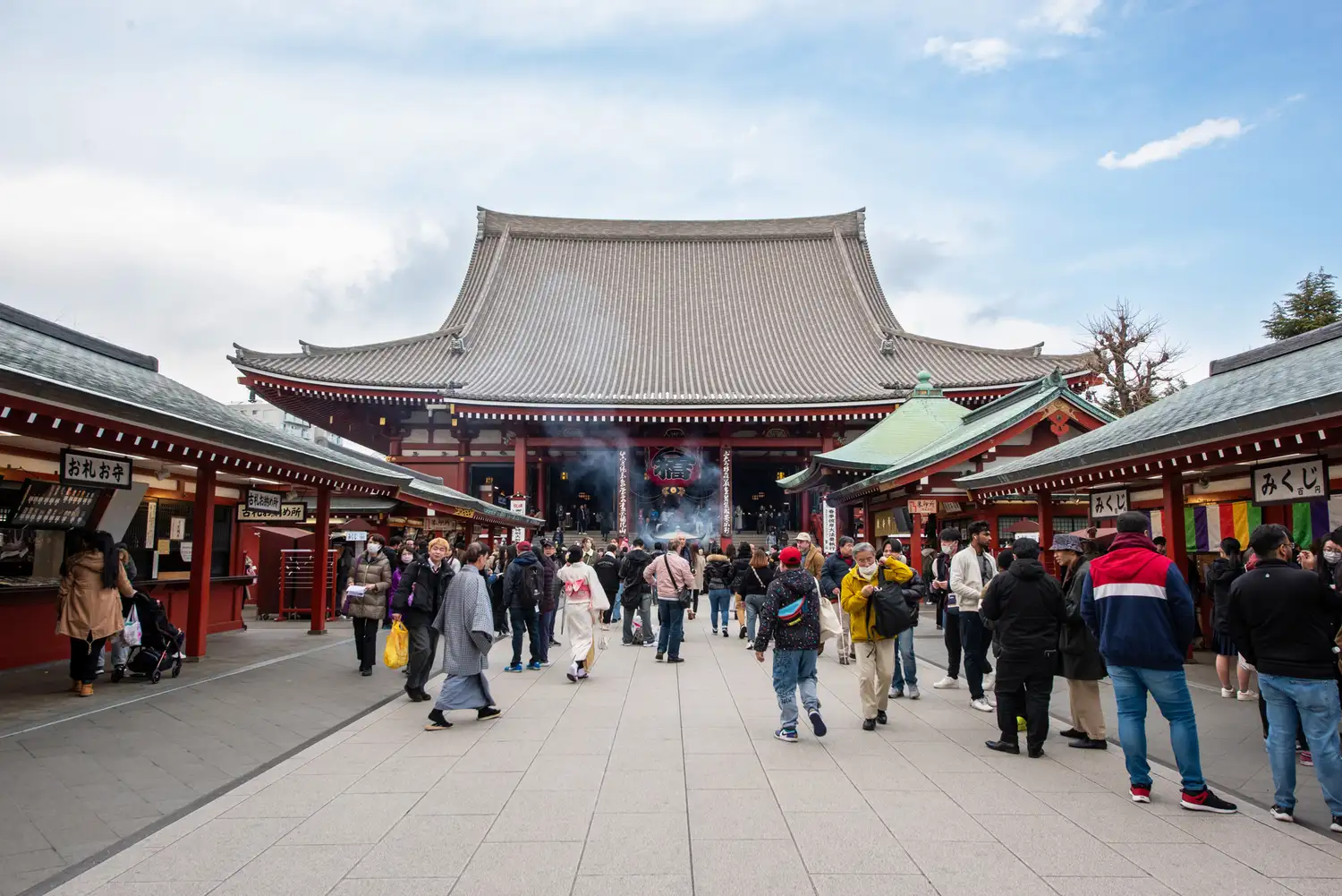 Senso-ji Temple in Tokyo with visitors walking and sightseeing.